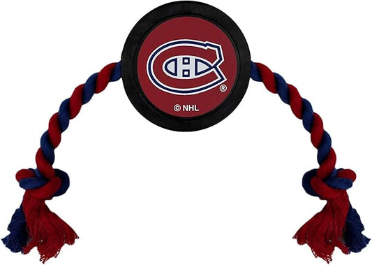 Pets First Dog Rubber Toy with Heavy-Duty Rope Tug. NHL Montreal Canadiens Puck Toy for Dogs & Cats. Play Hockey with Your Pet!