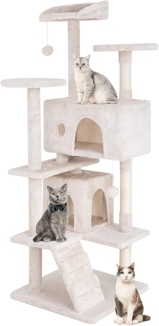 PayLessHere Cat Tree 54in Tower with Cat Scratching Post,Multi-Level Stand House Furniture Kitty Activity Center with Furry Ball Toys for Indoor (Beige)