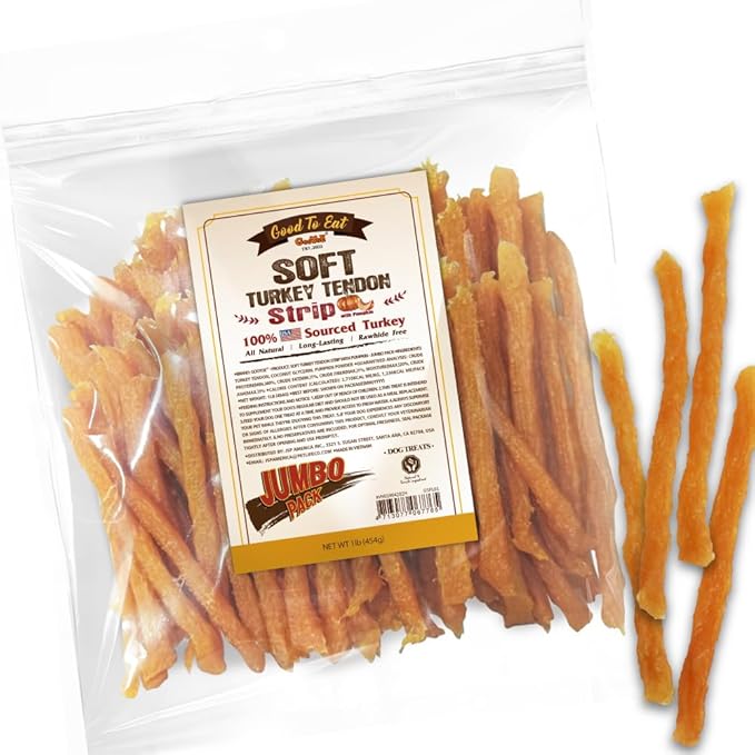 Gootoe Soft Turkey Tendon Stirip with Pumpkin 1 lb, Natural Chewy Snack, USA-Sourced Turkey Tendon, Premium Training Chew, Reseal Value Bag, Ideal for Small & Senior Dogs, Jumbo Pack