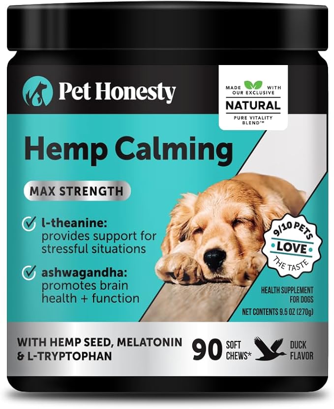 Natural Hemp Calming Chews for Dogs Maximum Strength - Hemp & Melatonin for Occasional Anxiousness - Calming Aid Supplement with Valerian Root - Stress, Separation & Thunder Support - (Duck 90 Ct)