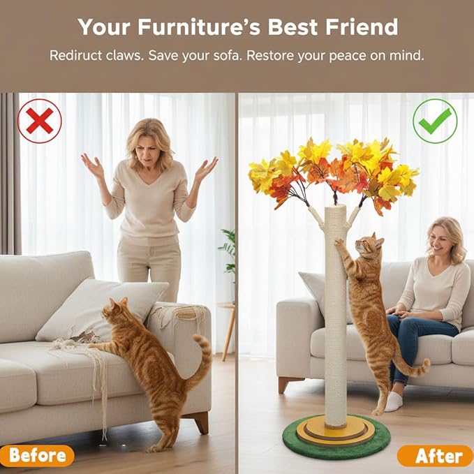 Maple Leaf Cat Tree, 41.7-Inch Cat Scratching Post with Rolling Ball Toy, Large Cat Activity Center for Indoor Cats, Modern Apartment-Friendly Design