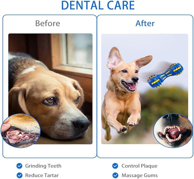 AUSCAT Dog Teething Toys, Durable Squeaky Dog Chew Toys, Natural Rubber Chew Toys for Dogs, Dumbbell Shape, Blue