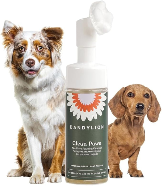 Dandylion Clean Paws | No-Rinse Dog Paw Cleaner & Dog Paw Washer | Gentle, Fragrance-Free, pH Balanced Foaming Cleanser with Silicone Bristle Brush | Safe for All Dogs | 5 fl oz