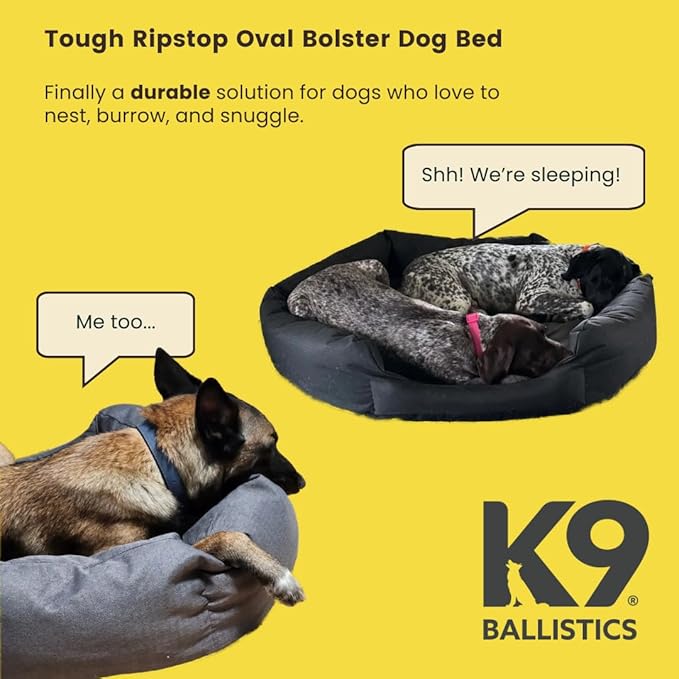 K9 Ballistics Tough Ripstop Oval Bolster Dog Bed, Calming Round Den Shape, Scratch Resistant, Machine Washable - Medium, Taupe Premium Finish