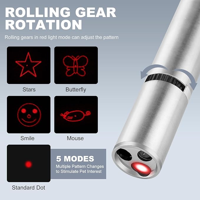 Laser Pointer, Cat Toys, Cat Laser Toy Pointer with 5 Adjustable Patterns, Dog Laser Toy, USB Recharge Laser, Long Range and 3 Modes Training Chaser Interactive Toy