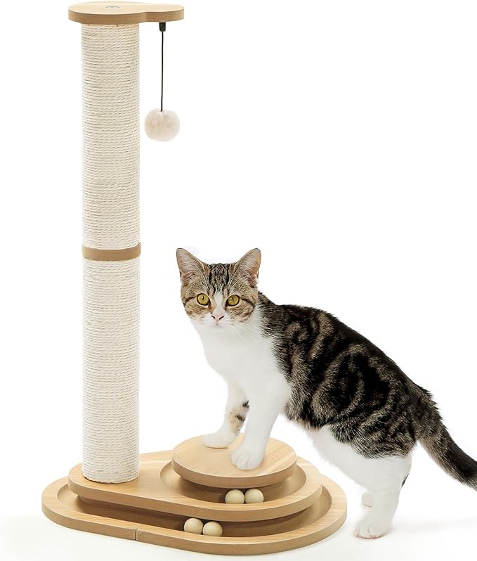 Made4Pets Cat Scratching Post Cat Scratcher Kitten Toys for Indoor Cats Wooden Ball Track Two-Layer Modern Sisal 32" Tall Scratch Post Interactive Toy with Dangling Ball Large Size