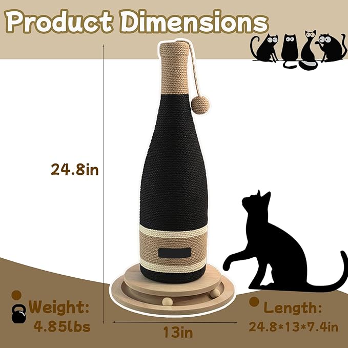 Wine Bottle Cat Scratching Post - 24.8 Inch Vertical Scratcher with Interactive Ball Track, Premium Sisal & Sturdy Base for Indoor Cats, Modern Home Décor