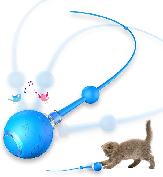 Interactive Cat & Dog Toys for Indoor Pets, Automatic Electric Self Rotating Ball with Chirping Sound, Motion Activated Long Tail - Smart Spinning Ball for Fun Exercise, Cats and Dogs Play, Blue