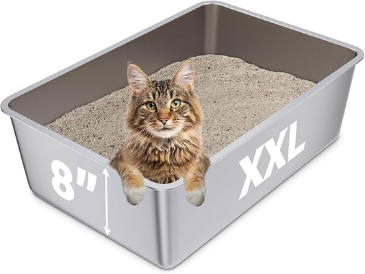 Stainless Steel Cat Litter Box, 23.6"x15.8"x8" XXL Stainless Steel Litter Box 8 inch Deep, Extra Large Metal Litterbox for Big Cats, Non Stick Surface, Easy to Clean, High Sided
