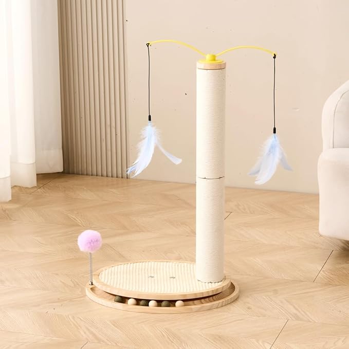 SHENGOCASE Cat Tree Scratching Post Scratcher, 26 Inch Tall, Solid Wood Base,Sisal Rope, Interactive Ball Track and Spinning Wand Feather Toys, Scratch Pad