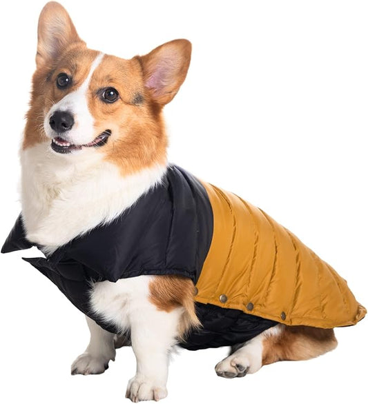 SPACE LION Dog Puffer Jacket, Down Winter Coat, Durable Outdoor Coat for Cold and Windy Conditions, Lightweight & Adjustable Fit Coats for Medium & Large Dogs, (BlackKhaki, Size20/XL)