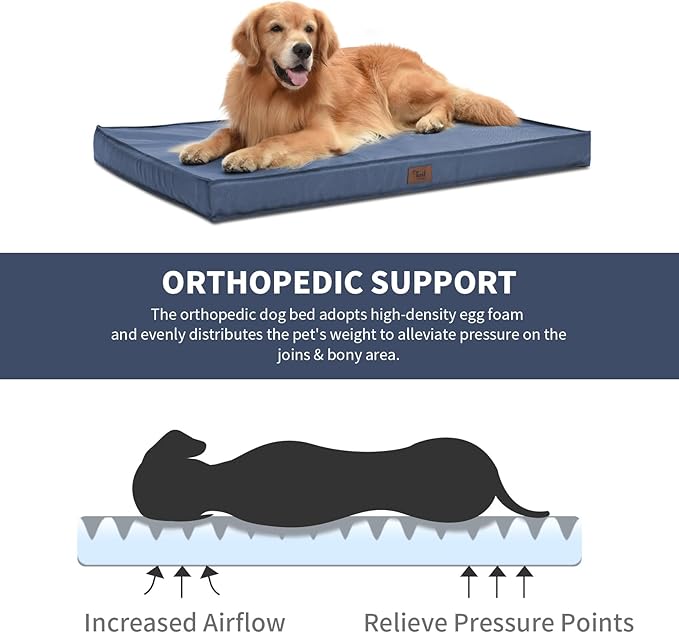 Outdoor Dog Bed for Medium Dogs, Waterproof Dog Crate Mat Orthopedic Egg Crate Foam Pet Bed with Washable Removable Oxford Cover, Navy