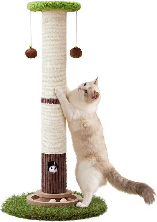 34inches Tall Cat Scratching Post with Cat Ball Track Toy Heavy Duty and Thicker Large Diameter Natural Sisal Cat Scratcher Post for Indoor Cats Protect Your Furniture