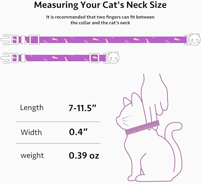 2 Pack Cotton Breakaway Cat Collar Orange and Purple Fish Pendant Cute Kitten Cat Collar with Bell