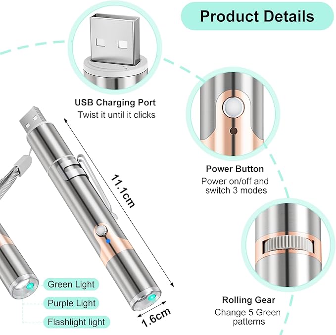 TBTeek Cat Toy, Unique Green Light, Rechargeable, 7 Adjustable Patterns, Interactive Kitten Pet Dog Chase Light Toy for Fun Playing Exercise(2 Pieces)