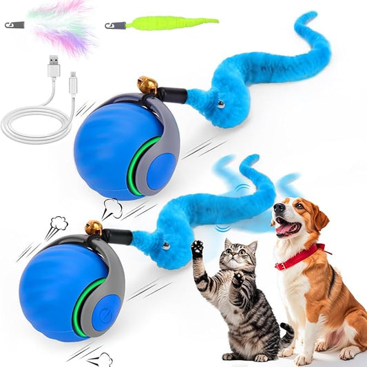 2PCS Interactive Cat Toy Ball with Feather Tails - Speedy Cat Toys for Indoor Cats, Moving Stimulation Smart Cat Toy for Enrichment, Motion Activated Automatic Rolling Toys to Keep Them Busy Blue