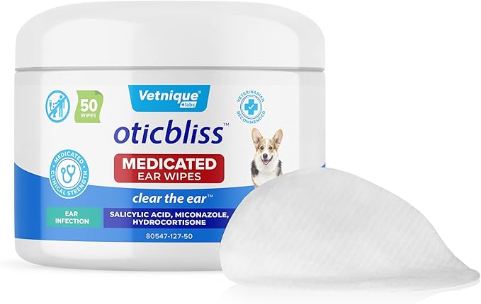 Vetnique Oticbliss Cat & Dog Ear Wipes - Dog Ear Infection Treatment or Dog Ear Cleaner Wipes for Dirty, Waxy, Smelly Dog Ears, Odor Control with Aloe Vera & Salicylic Acid (Medicated Ear Wipes)