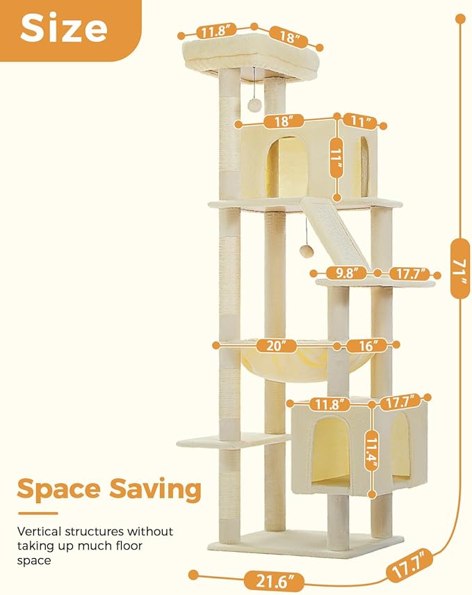 71" Tall Cat Tree for Large Cat 20 lbs with Super Large Hammock, Heavy Duty Cat Tower with 4 Sisal Scratching Posts & 2 Spacious Condos for Big Adult Cats Maine Coon-Beige