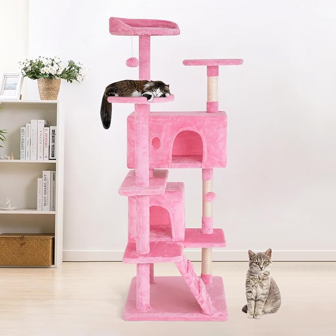 PayLessHere Cat Tree 54in Cat Tower with Cat Scratching Post, Multi-Level Cat Condo Stand House Furniture Kitty Activity Center with Furry Ball Toys for Indoor Cats (Pink)