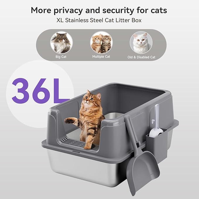 High Sides Odor Free No Sticky Extra Large Steel Cat Litter Box with Scoop, Tall Wall No Smell 24"X16"X13" Stainless Metal Kitty Litterbox, Grey