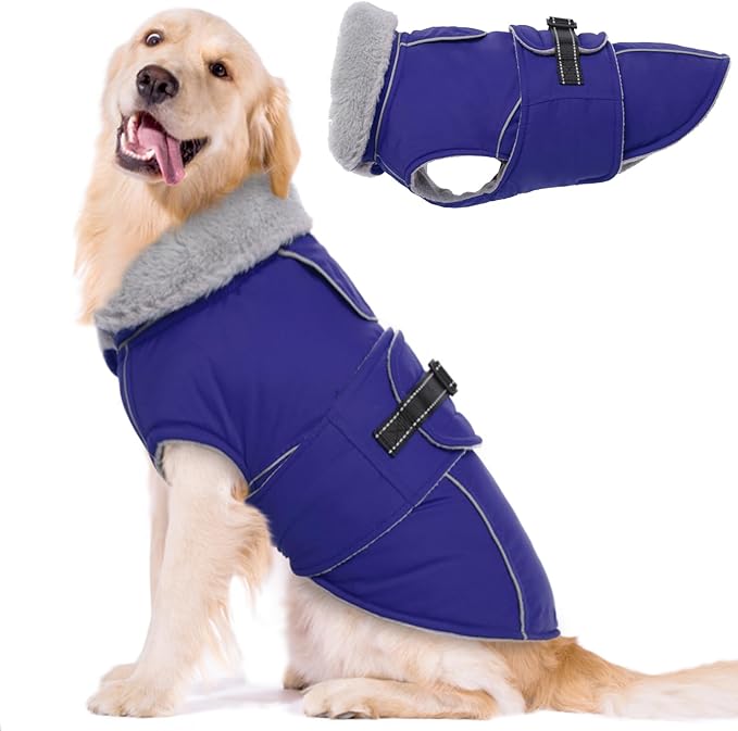 Lelepet Warm Dog Winter Coat Waterproof Dog Jacket with Adjustable Buckle & Leash Hole Reflective Pet Fleece Snowsuit Turtleneck Windproof Cold Weather Coats, Blue, XXL