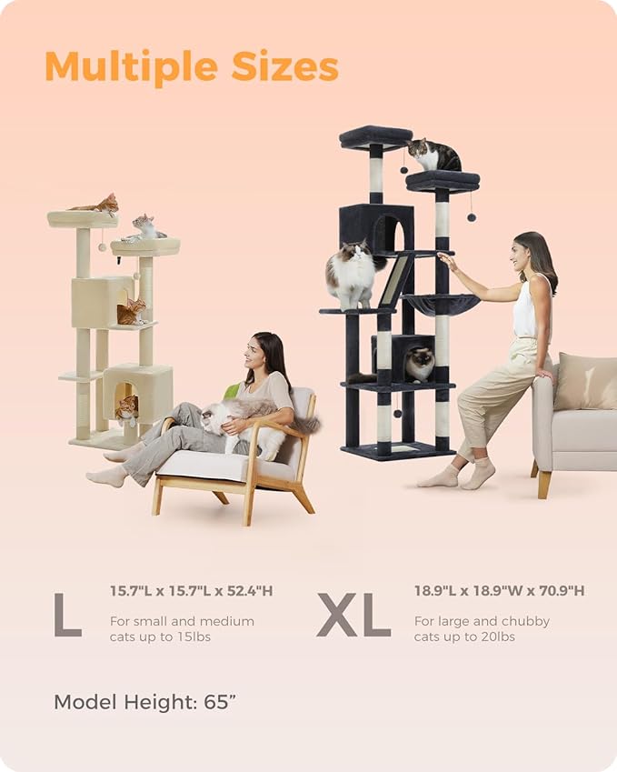 Cat Tree, 52.4" Multilevel Cat Tower for Indoor Cats, Plush Cat Tree House with 2 Padded Perches, 2 Condos & 2 Scratching Posts, Dark Gray