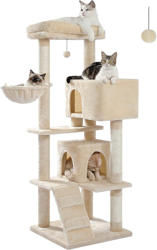 Cat Tree for Large Cats with Super Large Top Perch,56.2" Multi-Level Tower for Indoor Cats with Hammock and Sleeping Bag, Cat Shelves with Scratching Posts and 2 Condos Houses, Beige