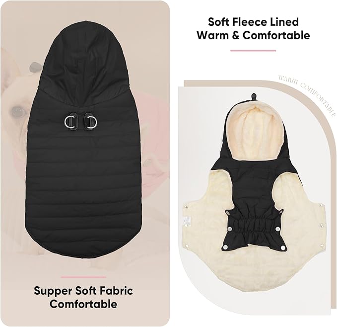 Fleece Lining Dog Hoodie with Harness Built in,Extra Warm Large Dog Jacket in Winter Doggie Coats with Drawstring Hooded,Black XXL