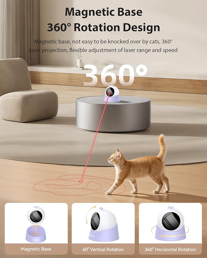 ROJECO Auto Laser Cat Toy - Random Motion Track, Magnetic 360° Base, Run Quiet,Rechargeable with 1000mAh Battery, Auto Sleep & 3 Speed Modes, Safe for Cats,Interactive Cat Toys for Bored Indoor,Purple