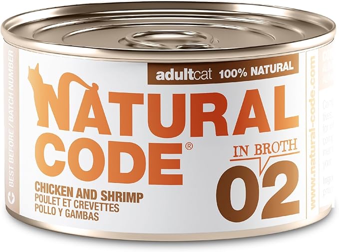 Natural Code - Wet Cat Food, Limited Ingredient Cat Food, High-Protein, Non-GMO, No Artificial Additives, Made in Italy, Chicken & Shrimp in Broth for Adult Cats (3 oz, 24 Pack)