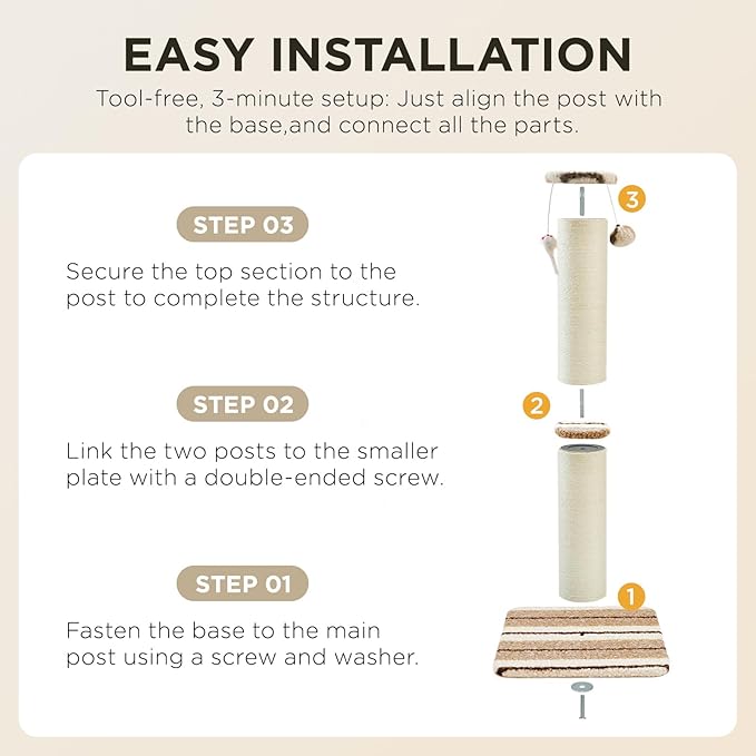 Joydeco Cat Scratching Post 34 Inches Heavy Duty and Thick Scratching Post Sisal Rope with Hanging Ball and Mice for Indoor Cats(Coffee)