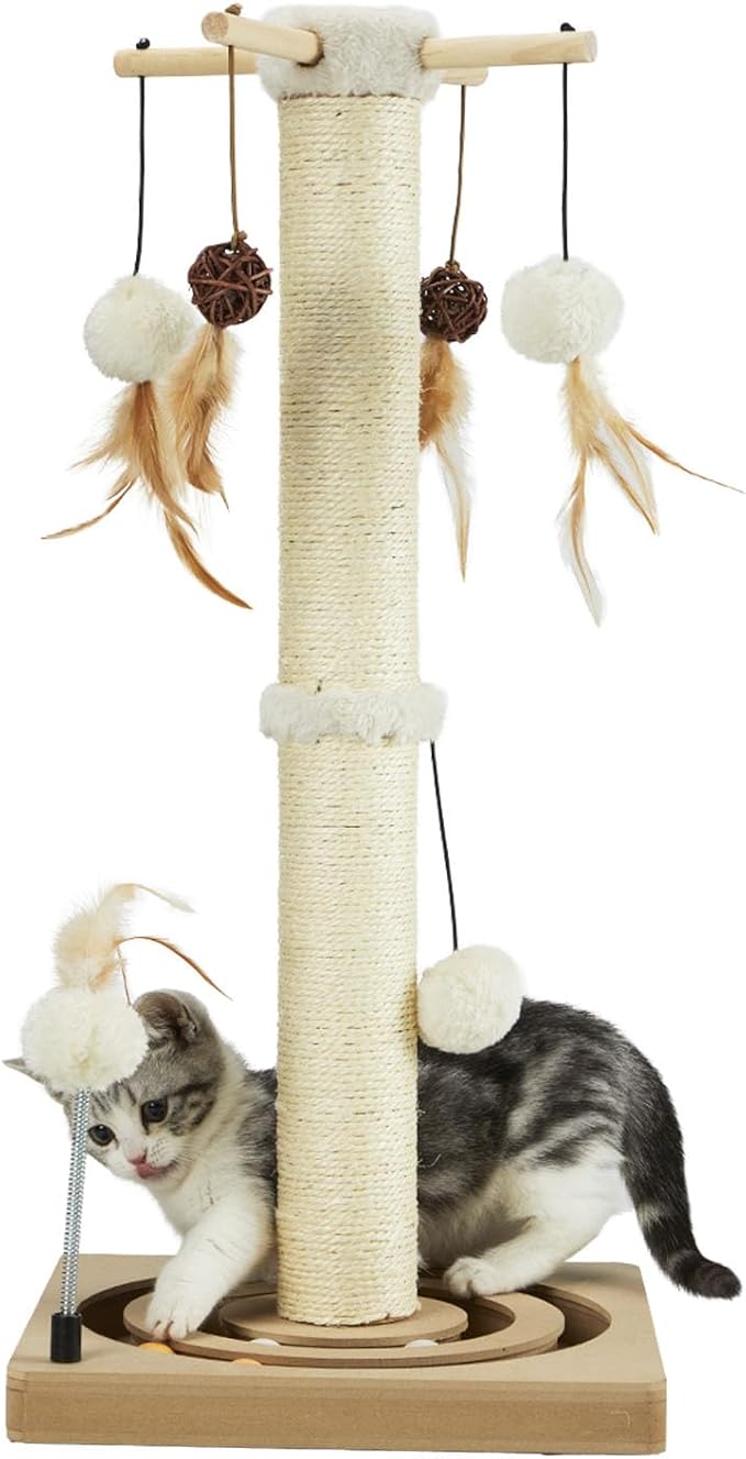 PEEKAB Cat Scratching Post Sisal Scratch Posts for Indoor Cats and Kittens with Tracking Ball Interactive Toys and Hanging Balls 30 Inches Beige