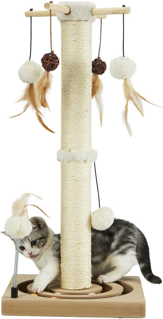 PEEKAB Cat Scratching Post Sisal Scratch Posts for Indoor Cats and Kittens with Tracking Ball Interactive Toys and Hanging Balls 30 Inches Beige