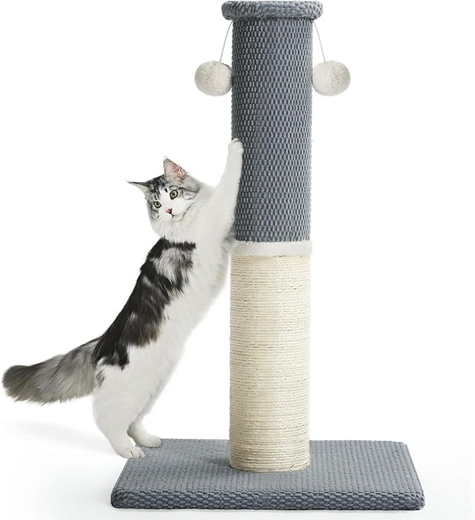 Made4Pets Tall Cat Scratching Post, Heavy Duty and Thicker Scratching Posts for Indoor Cats Adults, 33" Natural Sisal Cat Scratcher with Hanging Balls, Sturdy Base Cat Scratch Post, Light Grey