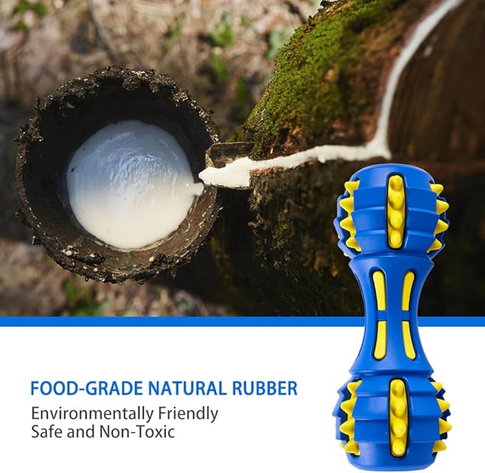 AUSCAT Dog Teething Toys, Durable Squeaky Dog Chew Toys, Natural Rubber Chew Toys for Dogs, Dumbbell Shape, Blue