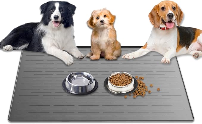 1.5MM Super Thick Dog Food Mat, 40"x30" Silicone Dog and Cat Mats for Food and Water Bowls, Waterproof Pet Feeding Mat for Contain Spills Protects Floors, Multiple Colors & Sizes for Pets, Light Gray