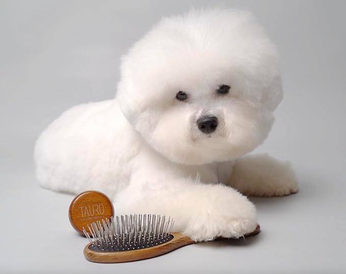 Tauro Pro Line Wooden Dog Brush for Long & Short Hair - Deshedding & Detangling Brown Massage Brush for Dog & Cat Grooming - Oval Flexible Cushion & Lightweight, Ideal for All Coat Types