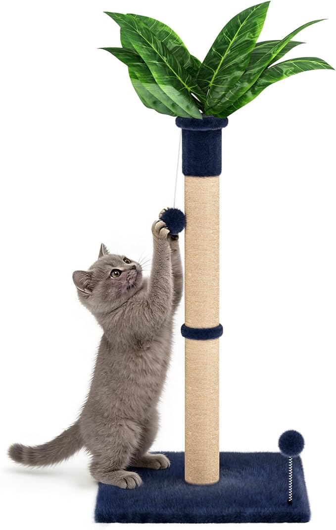 XiaZ Cat Scratching Post 34'' Tall, Cat Scratchers Tree Tower for Indoor Kitty with Extra Wide 15.8" Stable Base and 2 Toy Balls, Natural Sisal & Plush Fabric for Small, Medium Cats(Navy Blue, 2.8in)