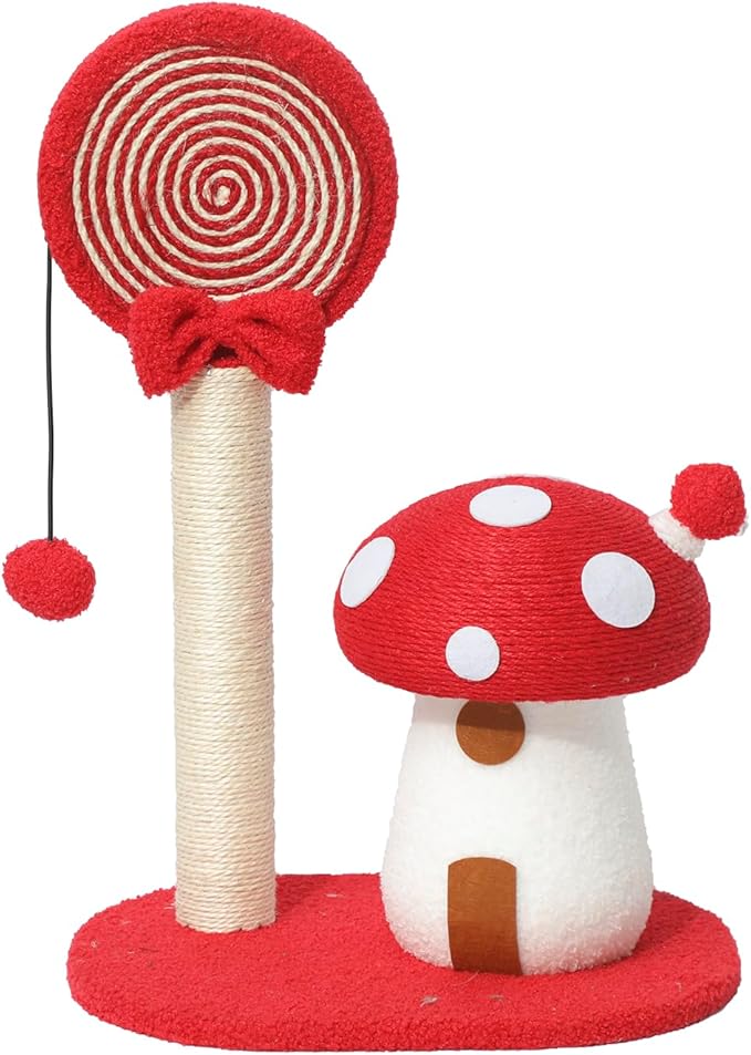 Doggie&Kittie Cat Scratching Post Cute Kitten Scratching Board Kitty Toys Mushroom Lollipop Cat Scratcher Furniture Cat Climber Climbing Tower for Indoor Cats Sisal Material (Red)