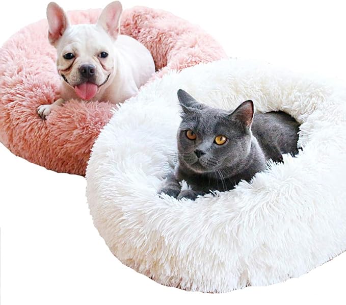 BODISEINT Modern Soft Plush Round Pet Bed for Cats or Small Dogs, Mini Medium Sized Dog Cat Bed Self Warming Autumn Winter Indoor Snooze Sleeping Cozy Kitty Teddy Kennel (20” D x 8'' H, Pink)