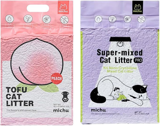 Michu Tofu Cat Litter Natural Clumping Tofu Cat Litter 5.5lb/88oz 5 Scents (Peach + Mixed, 2 Pack)