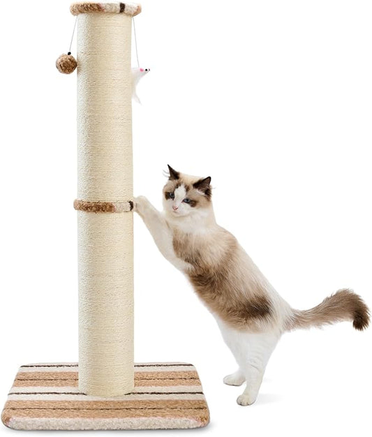 Joydeco Cat Scratching Post 34 Inches Heavy Duty and Thick Scratching Post Sisal Rope with Hanging Ball and Mice for Indoor Cats(Coffee)