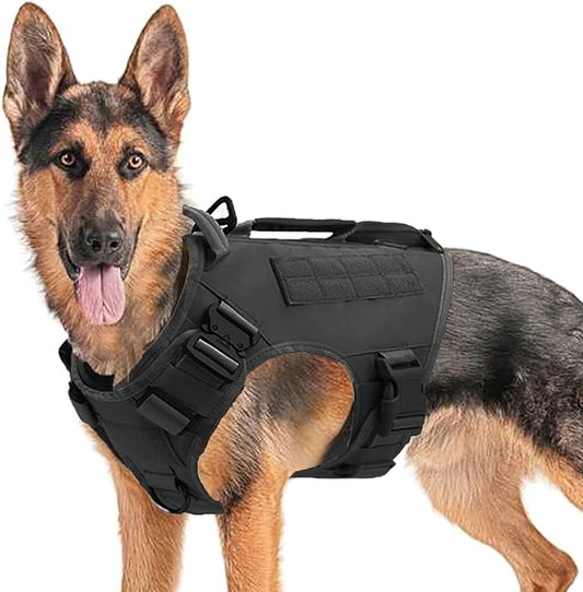 Tactical Dog Backpack Harness for Large Breed Original Design Metal Buckle Vest with Side Bags Pouches for Service Working Training (Black (Vest only), Medium)