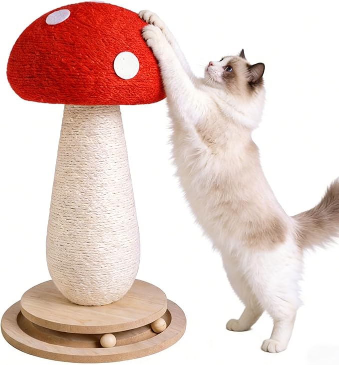 Mushroom Cat Scratching Post: 3-in-1 Sisal Scratcher with Bed & Ball - Sturdy Weighted Base, Space-Saving Design for Kittens & Cats