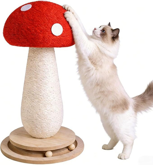 Mushroom Cat Scratching Post: 3-in-1 Sisal Scratcher with Bed & Ball - Sturdy Weighted Base, Space-Saving Design for Kittens & Cats