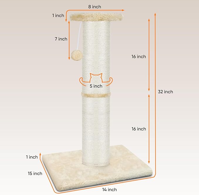 PAWSCRAT Cat Scratching Post 32" Tall, Large Diameter Natural Sisal Cat Scratch Post with Dangling Ball, Scratch-Resistant and Durable Tall Cat Scratcher for Indoor Cats, Protect Your Furniture, Beige