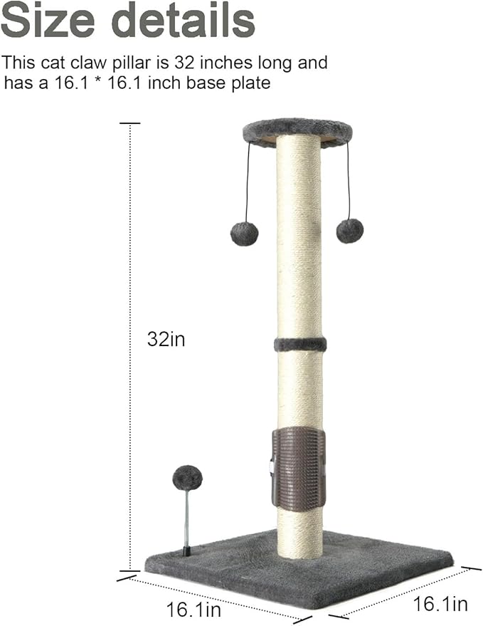 PEEKAB 32" Tall Cat Scratching Post Sisal Scratch Posts with Hanging Ball and Self-Massage Brush Vertical Scratcher for Indoor Cats and Kittens Gray 32inches