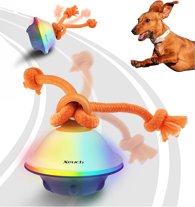 Smart Interactive Dog Toys, Automatic Moving and Rolling Dogs Ball with Rope, Motion-Activated Squeaky Ball for Small Medium Dogs for Boredom, RGB Lights, Stimulating Sound, Voice Recording
