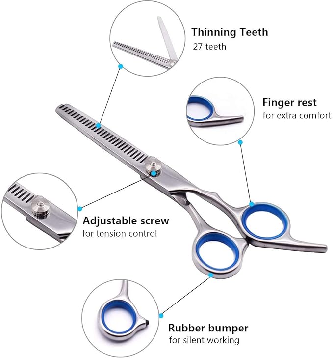 Maxshop Dog Grooming Scissors with Safety Round Tips, Heavy Duty Titanium Pet Grooming Trimmer Kit, Professional Thinning Shears, Curved Scissors with Comb for Dogs and Cats (Set of 3)