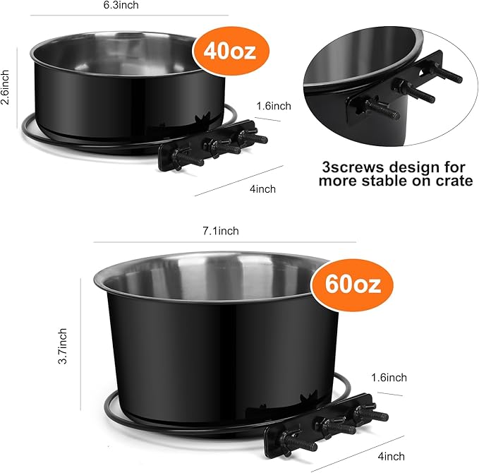 Kennel Water Bowl Hanging, 2 Pack Stainless Steel Dog Bowls for Crate No Spill, Large Pet Cage Bowls for Medium/Large Dog Cat Rabbit Ferret Guinea Pig